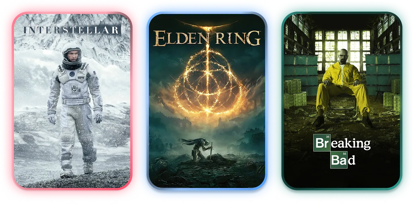 Media cards showcase displaying movies, TV shows, and games